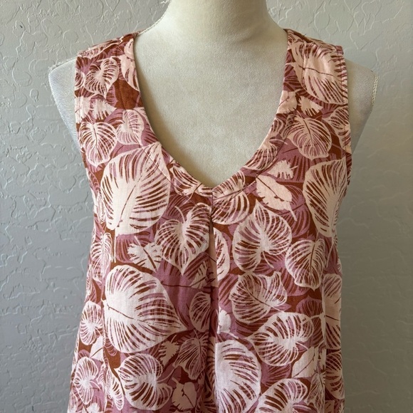 Tahari Pink Leaf Print V-Neck Sleeveless Linen A-Line Dress Pockets Size Small - Picture 3 of 11